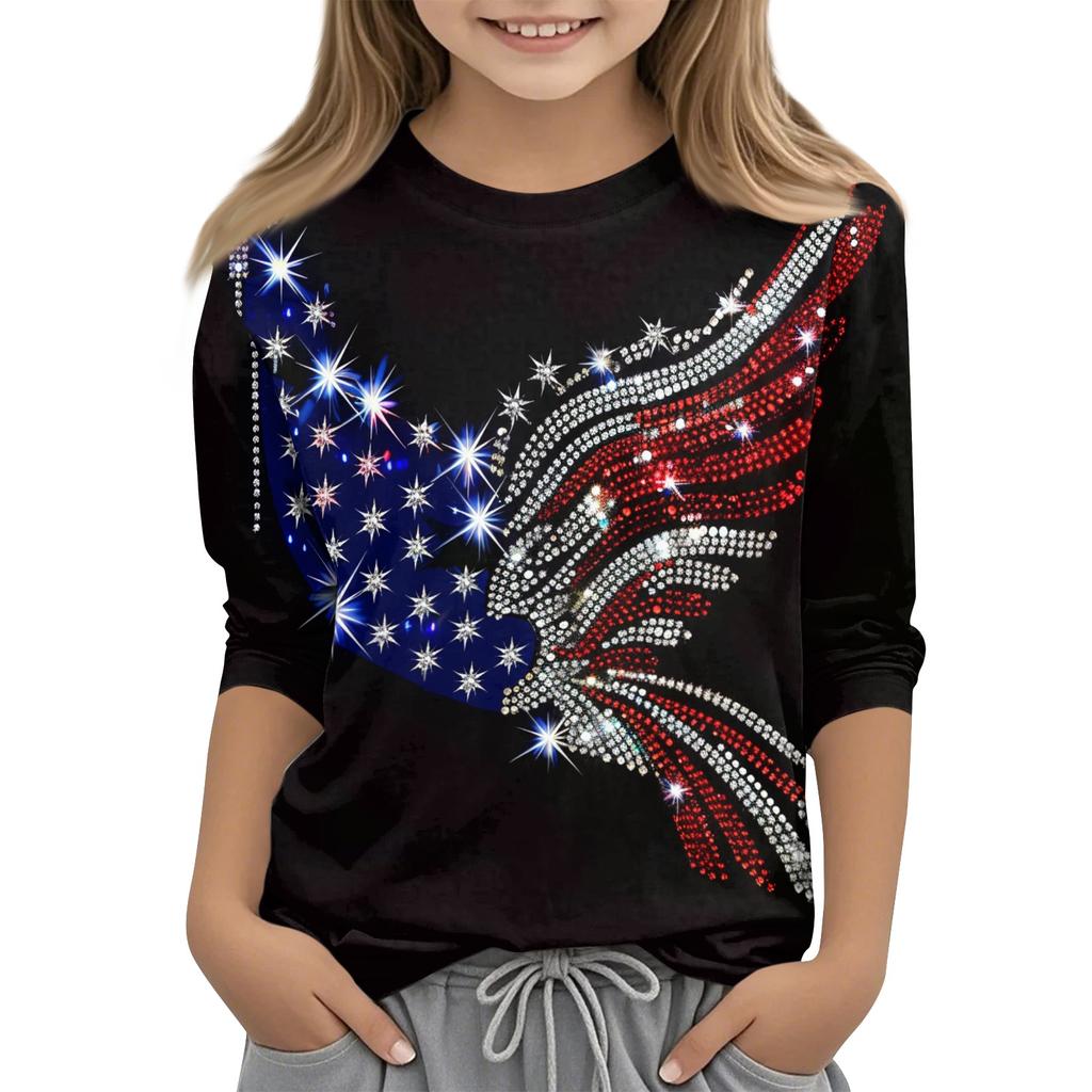 Children's Independence Day Printed Round Neck Seven Quarter Sleeve Casual T-shirt