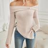 Frauen Tops Off Schulter Langarm Unregelmäßigen Seite Schlitz Saum T-shirt Einfarbig Slim Fit Knoten