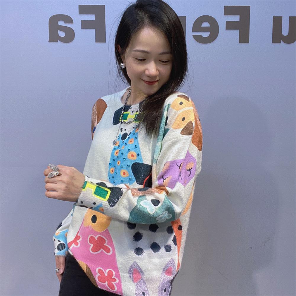 Heavy-duty Nail Drill Round-neck Sweater - New Autumn-winter Design, Comfortable and Loose Fit, with Printed Cartoon Pattern, Knitted Top for Women