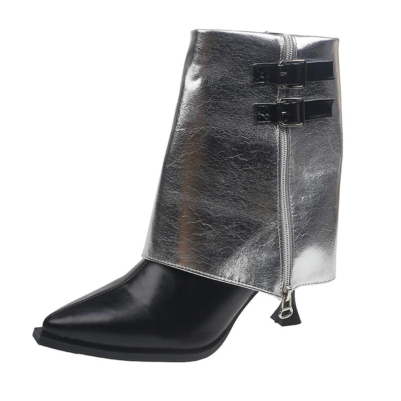 Autumn New Pointed Toe Sleeve Anti-Slip Wear-Resistant Mid-Tube Boots Belt Buckle Side Zipper Stiletto