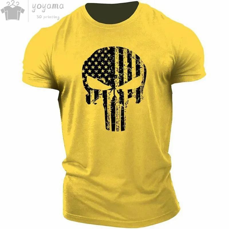 Men Sports Casual O-Neck T-Shirt, Military Patriotic Skull Print Oversized Short Sleeve Tops