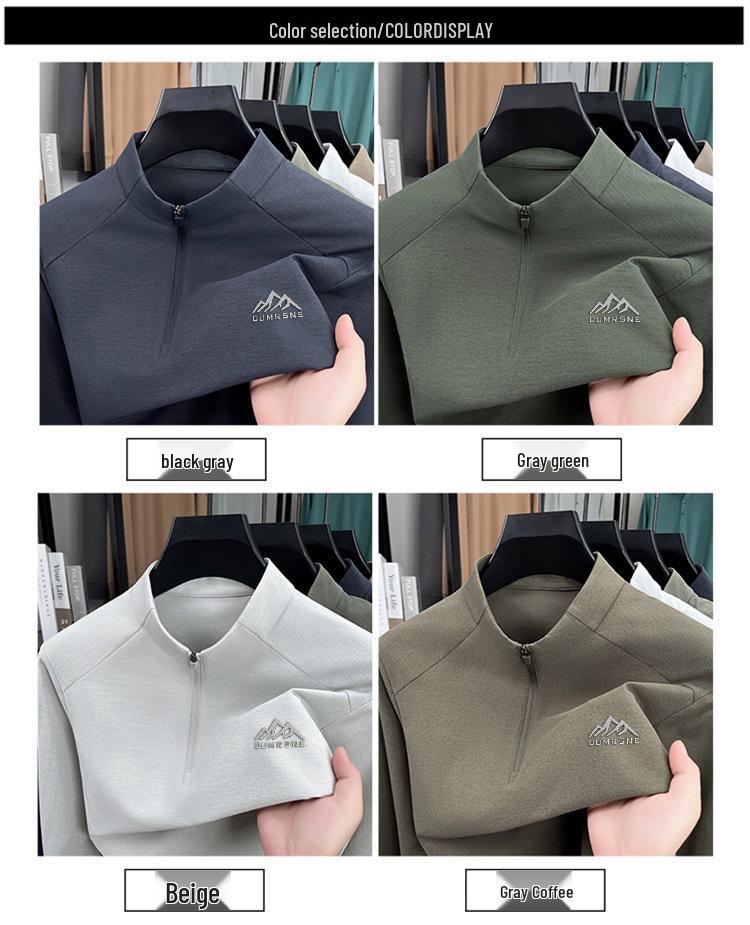 Men's 2025 Solid Color Stand Collar Zipper T-Shirt - Long Sleeve Casual Autumn Pullover