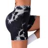 Sports shorts peach hip-lifting pants high waist tight belly yoga fitness pants tie-dye tie-bleach sports tight shorts