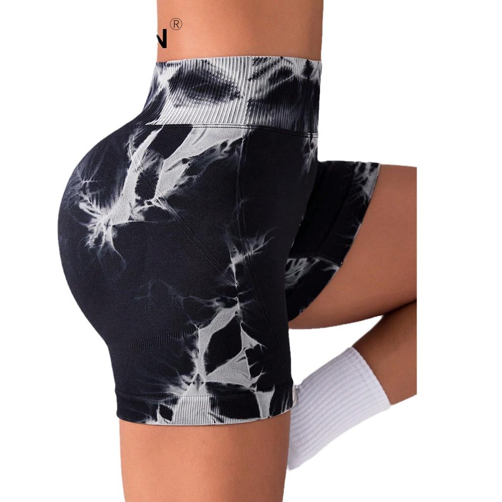 Sports shorts peach hip-lifting pants high waist tight belly yoga fitness pants tie-dye tie-bleach sports tight shorts