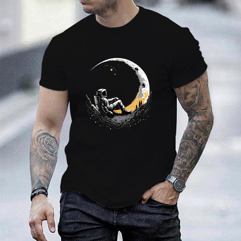 Men's Summer Fashionable Casual Loose Plus Size Landing Moon Pattern Printed Sports Round Neck Short Sleeved T-shirt