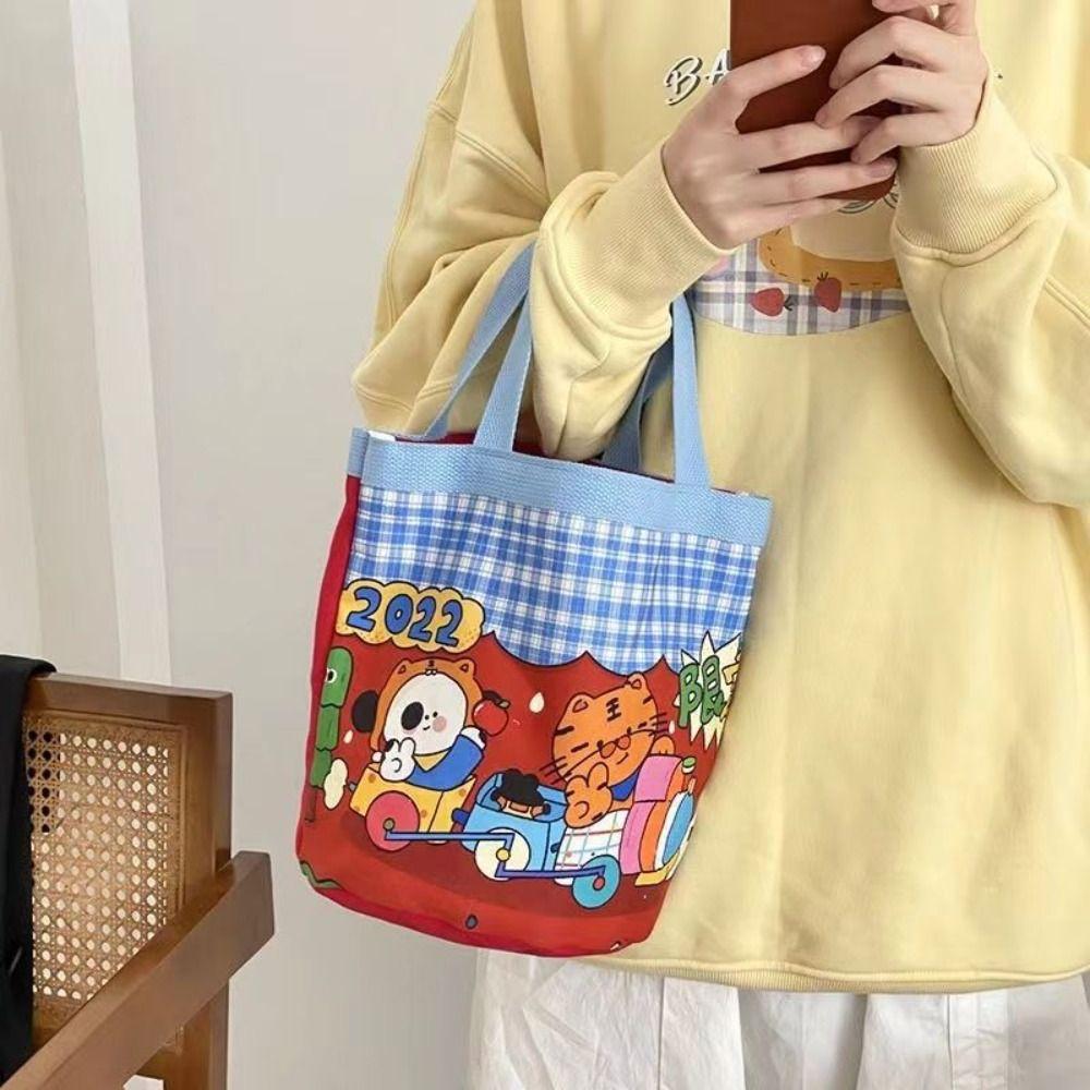 Cartoon Printed Graffiti Bucket Bag Lovely Cylinder Students Carry Lunch Bag Canvas Women Handbag