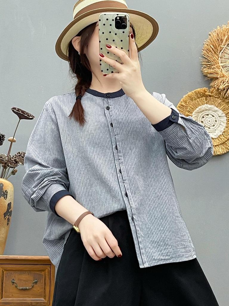 Women's Pure Cotton Striped Stand Collar Long Sleeve Shirt, Loose and Slimming Fit