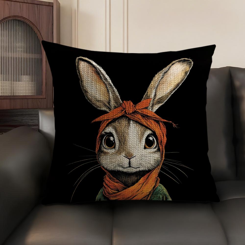 Cute Rabbit Art Cushion Cover Summer Breathable Linen Organic Fabric Double-Sided Printing Sofa Pillow Case Home Decor