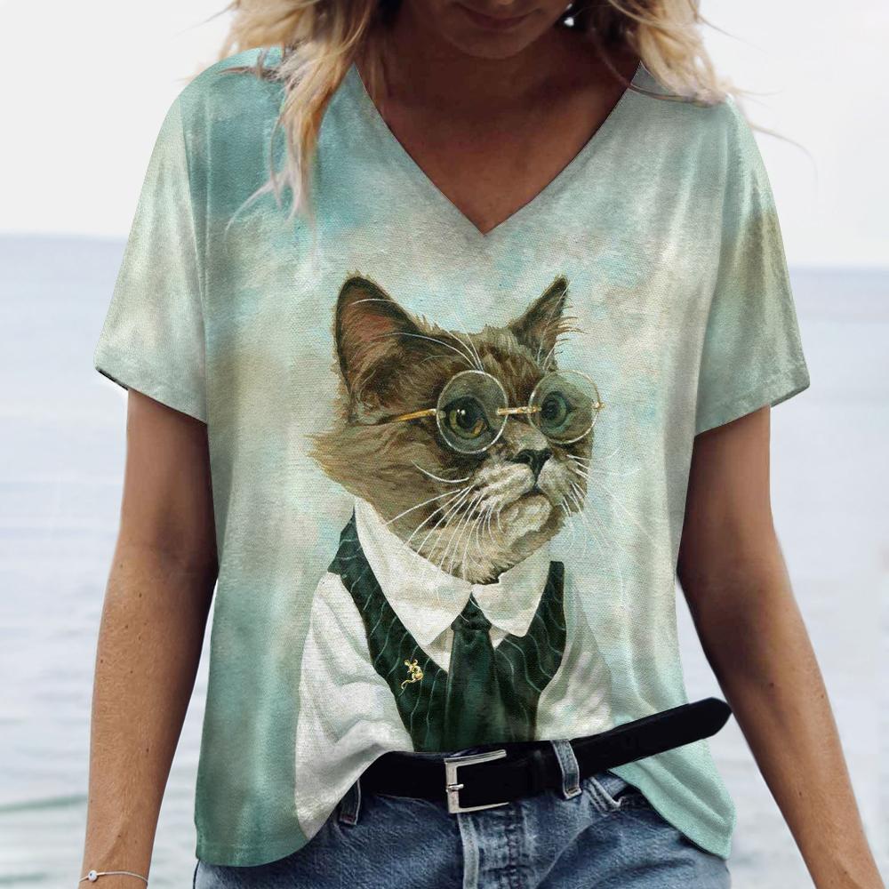 New Women's T-shirt Cartoon Cat print Vintage Plus Size Top Summer Women's Trending Clothes Fashion Short Sleeve Shirt V-neck