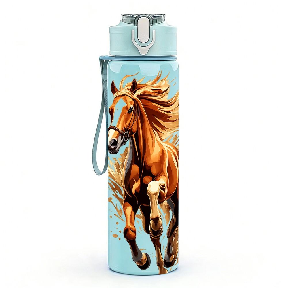 1PC Running Horse Watercolor Print 750ml Color Plastic Sports Water Bottle Leakproof Flip Straw Lid Suitable for Sports Office Home Use