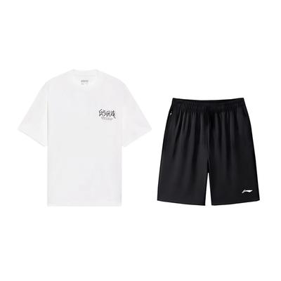Li Ning Tactical Letter Print Round Neck Pullover Short Sleeve T-Shirt Casual Versatile Loose Shorts Sports Set Unisex Sets YHSV281-1+AKSV843-1