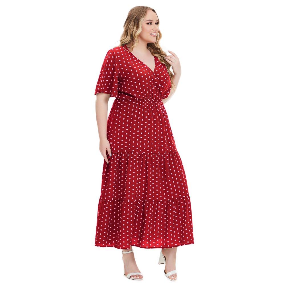 Sommerliches Polka Dot-Kleid in Übergröße mit V-Ausschnitt und kurzen Ärmeln im europäischen und amerikanischen Stil