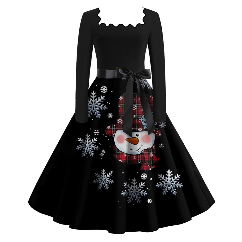 Kvinners mote Firkantet hals Uformell Slim Juletrykt Langermede kjoler