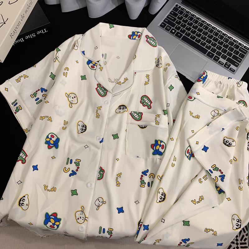 Crayon Xiaoxin Same Pajamas Women's Thin Summer Short-sleeved Three-piece Set Cotton Large Size Loose Women's Loungewear Set