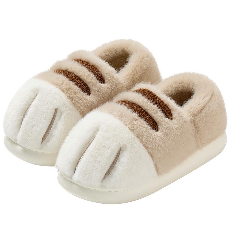 Women's Cute Cat Paw Cotton Slippers - Winter Indoor Non-Slip Full Heel Fur Slippers for Parent and Child