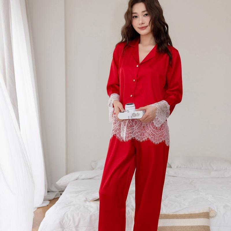 Spring and Autumn New Lace Edge Ice Silk Light Luxury Solid Color Pajamas Women's Long Sleeves High-end Loungewear Can Be Worn Outside
