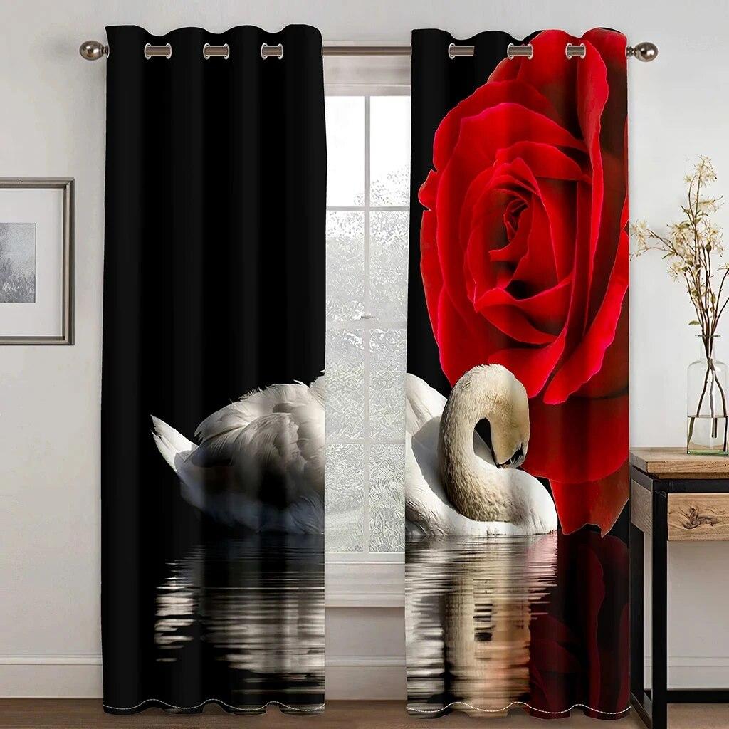Kwiat czerwonej róży nadruk łabędzia zasłony kieszonkowe leczenie okienne do sypialni biuro kuchnia salon wystrój domu dziewczyna 2 szt