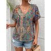 Casual V-neck Short Sleeved Top with Western Style Trend Printed Loose Women's T-shirts