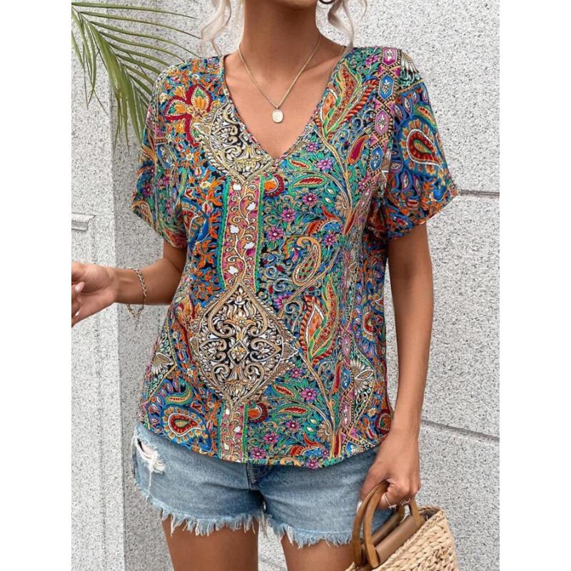Casual V-neck Short Sleeved Top with Western Style Trend Printed Loose Women's T-shirts