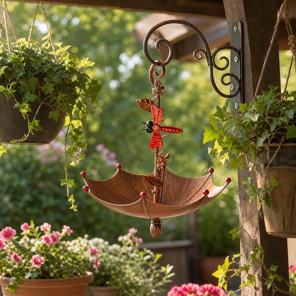 Metal Umbrella Shaped Bird Feeder Hanging Garden Decor Outdoor Patio Yard Ornament with Dragonfly Design