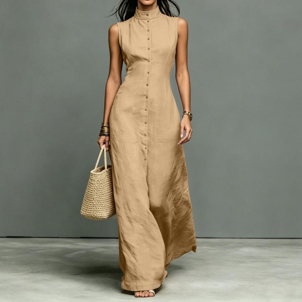 Vestido Maxi sin Mangas con Cuello Alto y Cierre de Botones de una Sola Fila de Longitud Larga Casual de Verano para Mujer