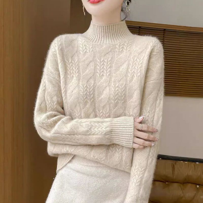 Solid Color Twist Turtleneck Sweater Women's Autumn and Winter New Loose and Thin Thickened Pullover Bottoming Knitted Sweater Top
