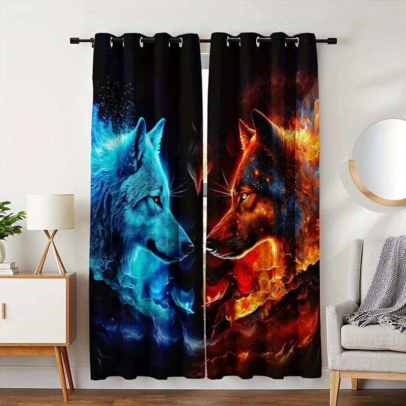 2 pieces of Ice and Fire Wolf fashion printed curtains, bedroom and living room, home decoration, room decoration
