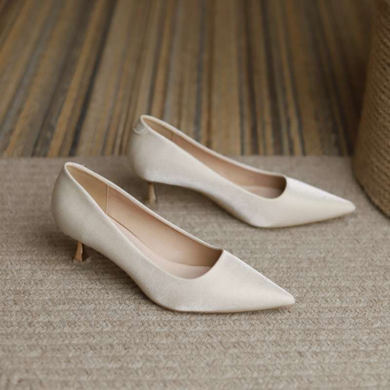 

Молочно-белые женские туфли-стилеты 2025 весна 5 см маленький каблук, не устают ноги, ведущая, острый носок, французская юбка, одинарные туфли 34