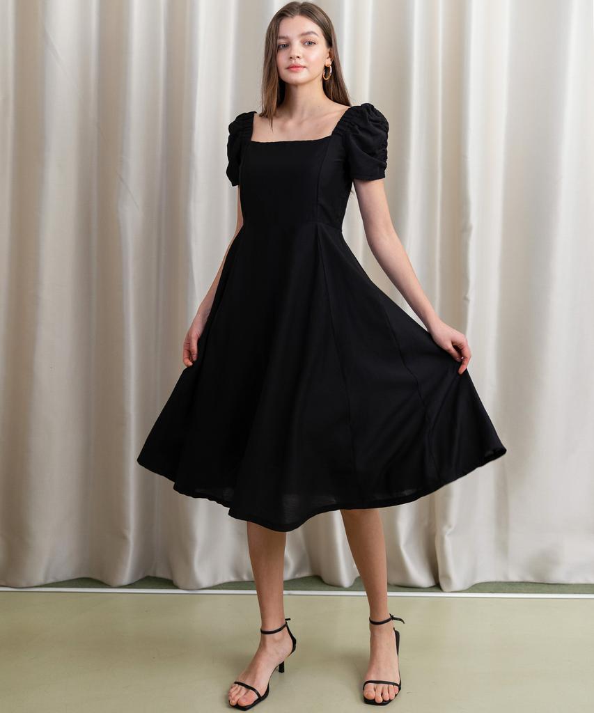 Retour Deux Vingt Square Neckline A-Line Dress (Black)