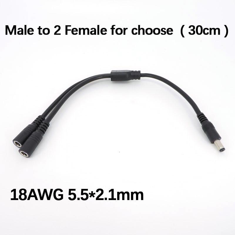 30cm DC 1 Male Female To 2 Way Male Female Power Supply Jack Splitter 5.5x2.1mm Supply Angel Cable for Strip Light 18/24awg Cord