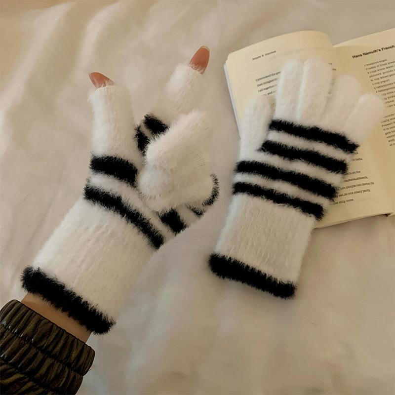 Fingerless Gloves with Touch Screen for Women Autumn and Winter Leopard Print Warm and Thickened Knitted Fingerless Woolen Gloves