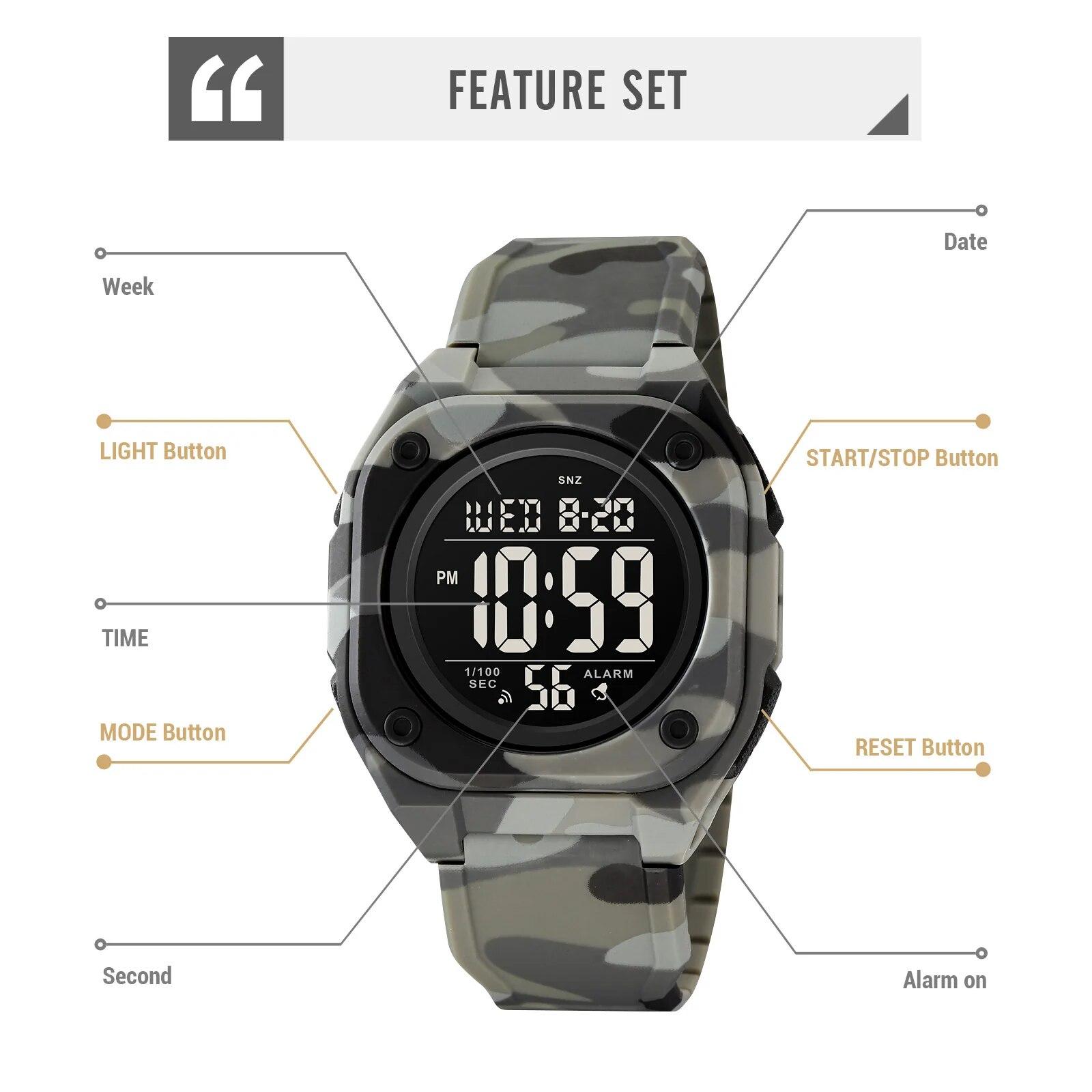 

SKMEI Часы для мужчин Модные светодиодные цифровые мужские спортивные часы с обратным отсчетом Повседневный секундомер Дата недели 5 бар Водонепроницаемый будильник Мужские наручные часы