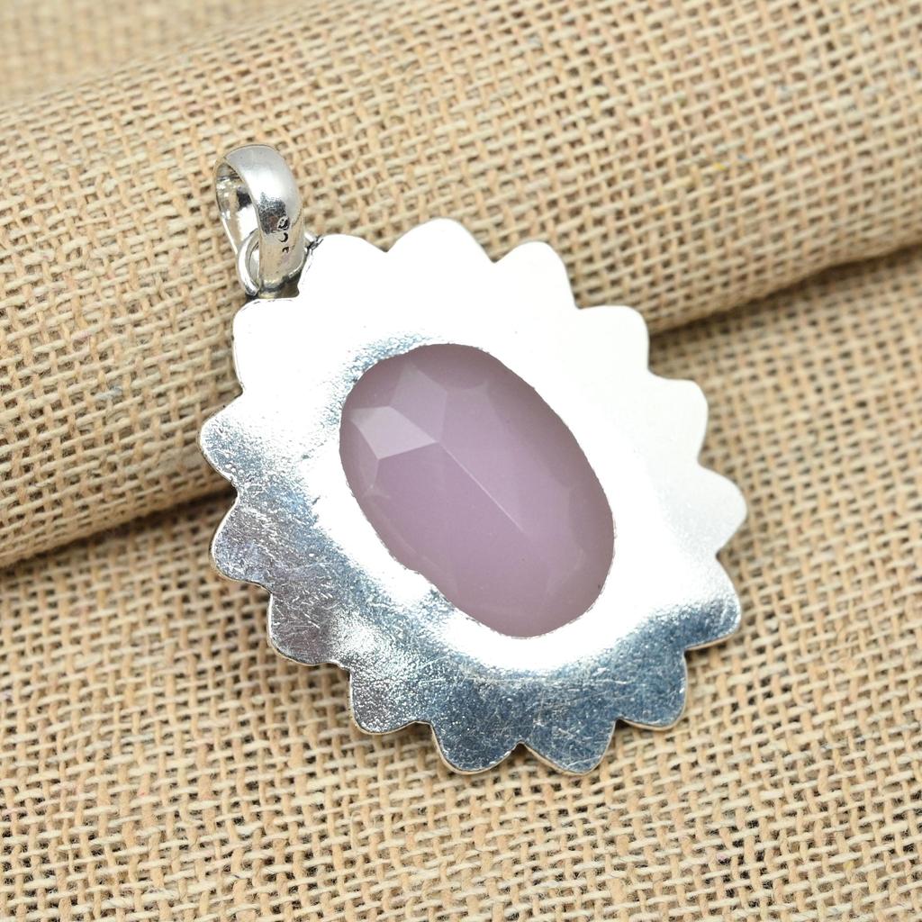 Pink Chalcedony Gemstone  925 Sterling Silver Fancy Oval Shaped Pendant For Gifts