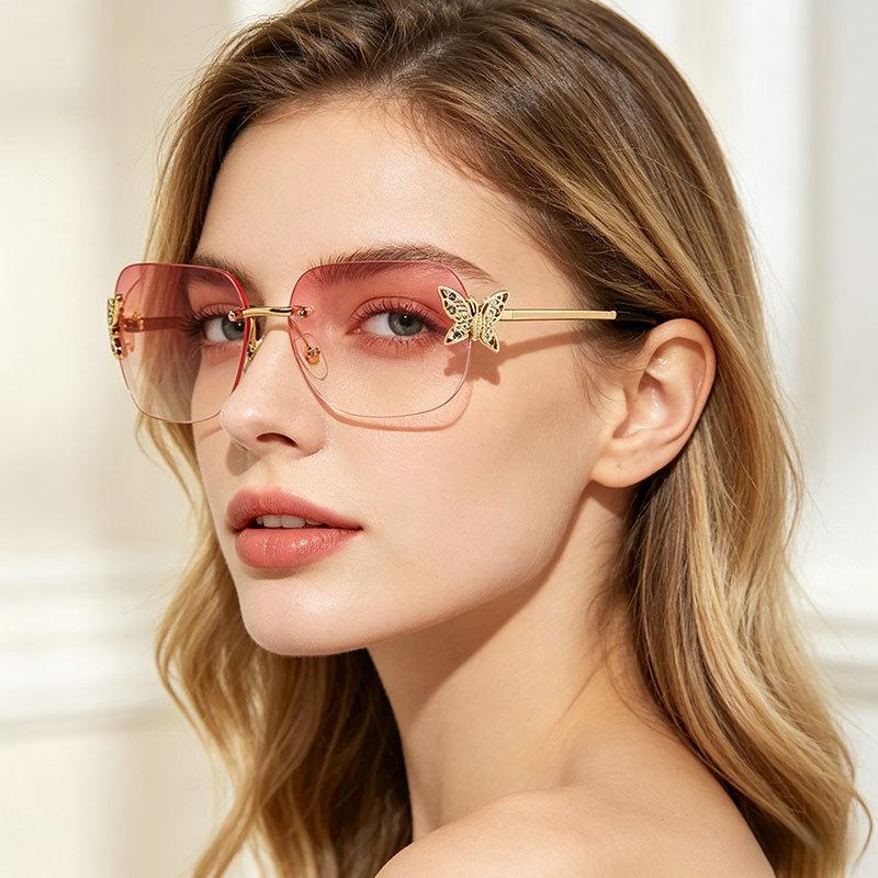 2026 New Rimless Rectangular Butterfly Sunglasses Retro Metal Frame Women’s Street Style Diamond-Encrusted UV400 Shades Eyewear