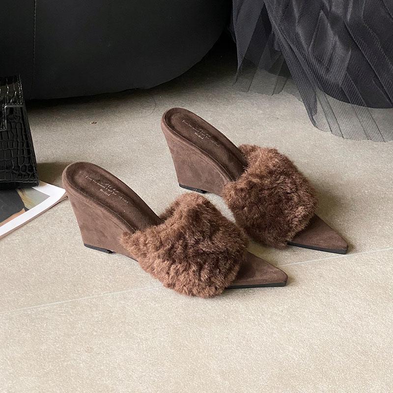 Fur Warm Women Pumps Wedges Shoes Female High Heels Footwear Pointed Toe Ladies Heeled Slides Sandals Wedges Shoes