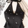 Stunning Slim-Fit French Beadwork Halter Tank Top with Beautiful Off-Shoulder Back Design for Women
