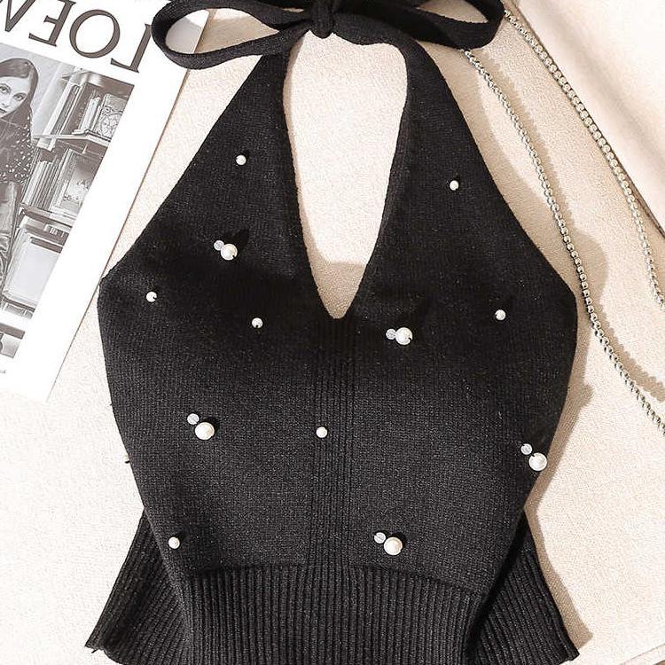 Stunning Slim-Fit French Beadwork Halter Tank Top with Beautiful Off-Shoulder Back Design for Women