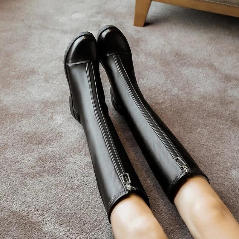 

Ladies Fashionable Pu Leather Knee-high Boots with Front Zipper and Low Heel 35 чёрный