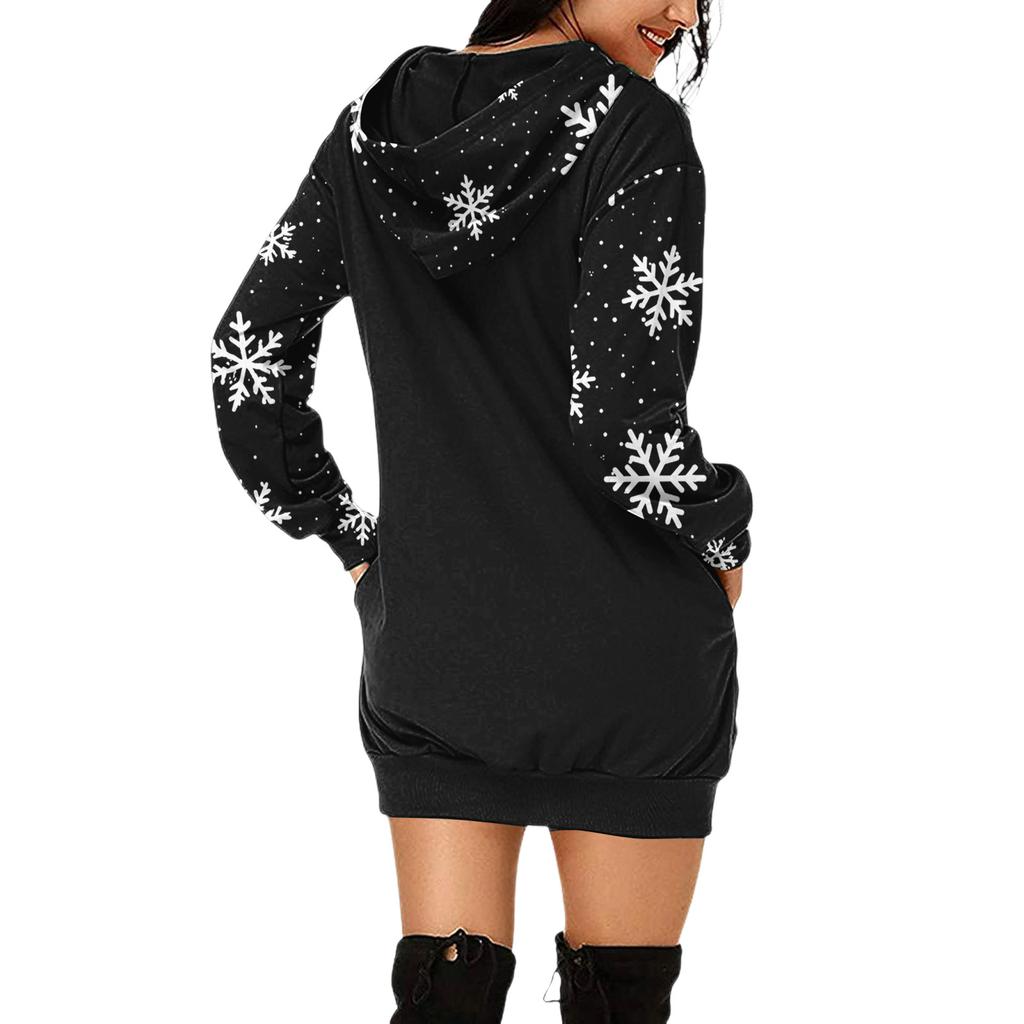 Women's Christmas Print Long-Sleeved Hooded Pocket Pullover Dress
