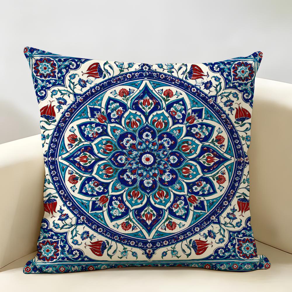 Blue Red Ottoman Style Cushion Cover Natural Linen Organic Fabric Double-Sided Printing Breathable Perfect For Home Decor