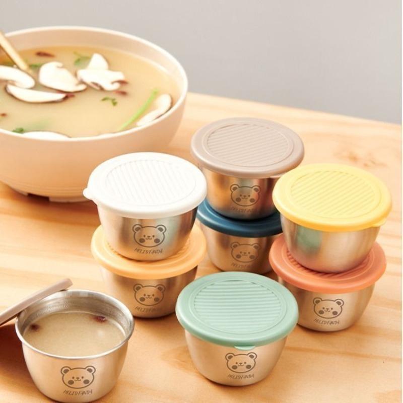 6pcs 304 Stainless Steel Sauce Cup with Lid, Reusable Sauce Container with Leak Proof Plastic Lid, Barbecue Salad Seasoning Cup