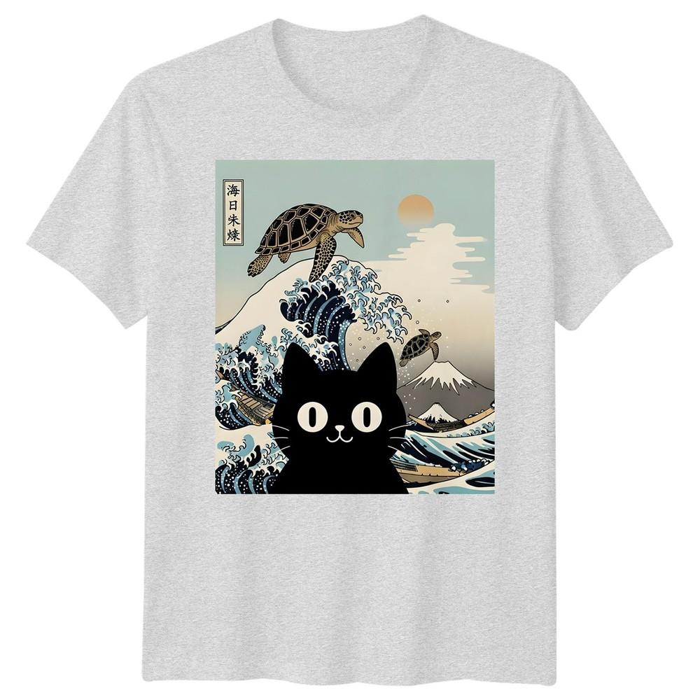 Black Cat Sea Turtle Kai Nichi Bei Yaki Japanese Art Ukiyoe Style Graphic Tee