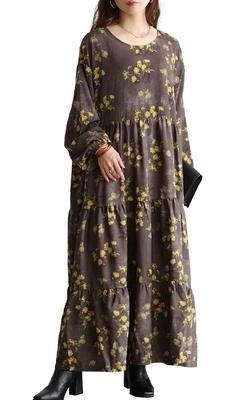 Gold Japan Plus Size Maxi Floral Round Sizes Women's Dress, Print, Tiered, Flared, Neck, Pockets, Fall/Winter/Spring, Maru-30208, Gray, 4L-5L