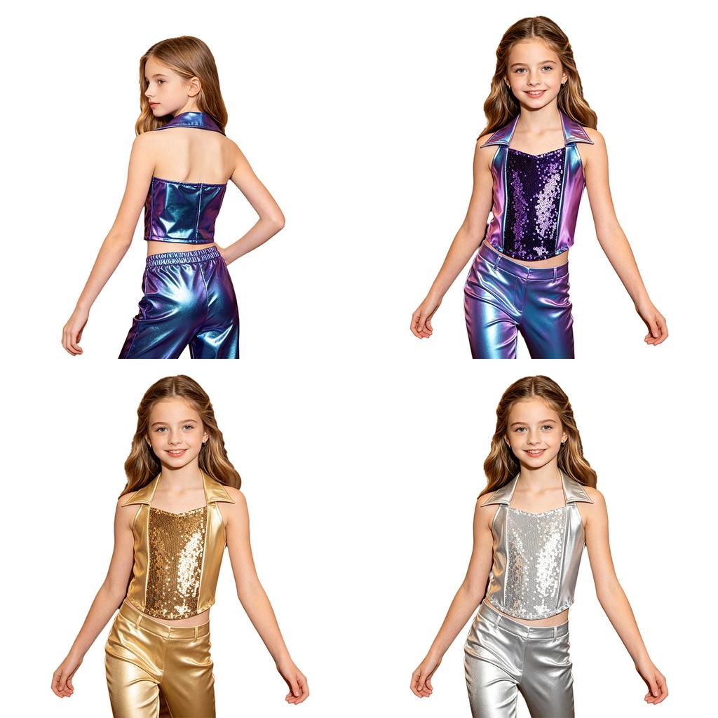 Haut court à col bénitier Jazz Disco pour fille avec paillettes et sequins brillants devant, sans manches, dos nu, fermeture éclair au dos, débardeur métallique brillant pour costume de scène