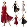 Ladies Lyrical Dance Gown Halter Backless Irregular Mesh Hem Split Snap Crotch Flowing Bodysuit for Stage Recital Show