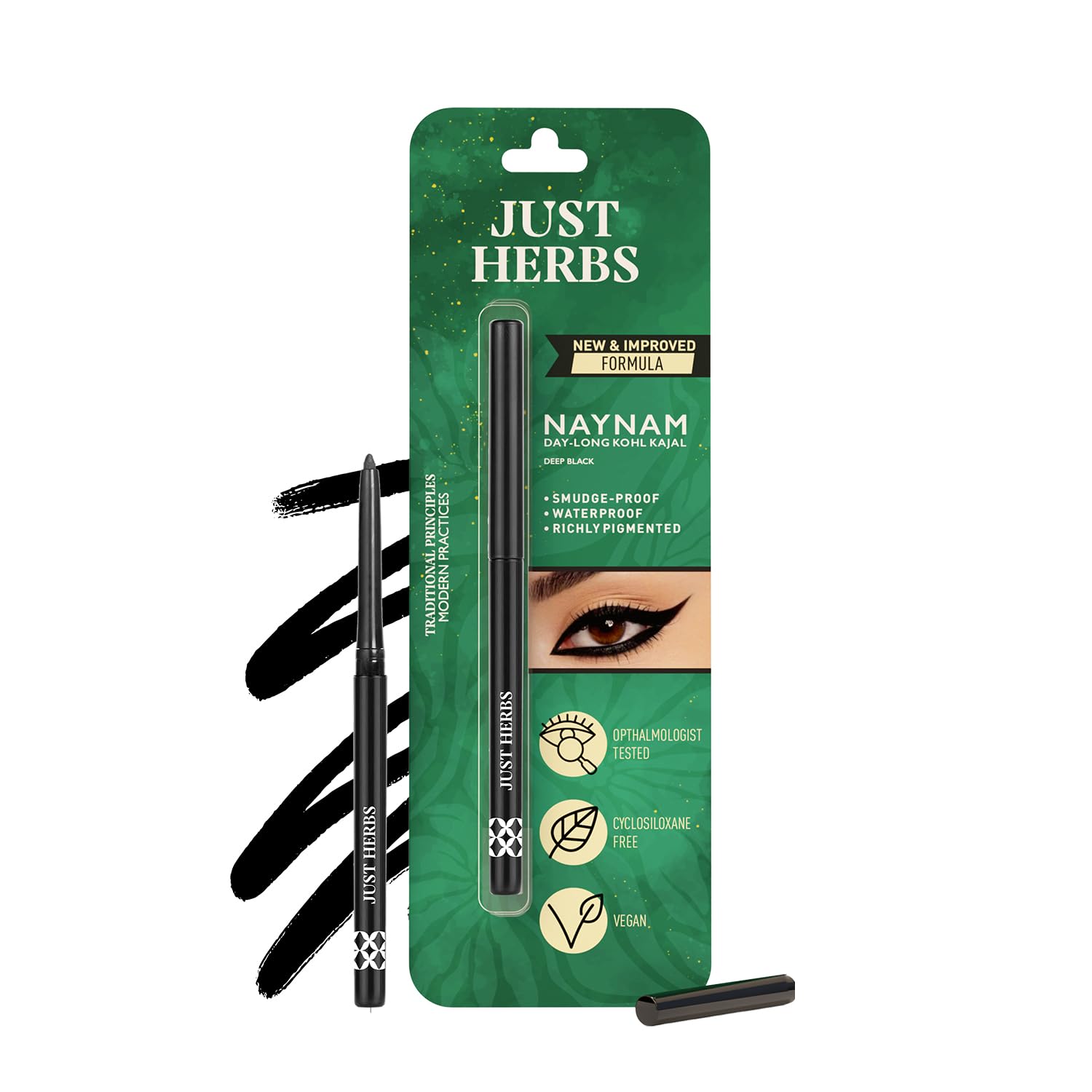 Just Herbs Naynam Day-long Kajal - Deep Black | With Vitamin E | Eye Makeup | Cyclosiloxane-Free | Smudgeproof & waterproof | Long stay - 0.3g