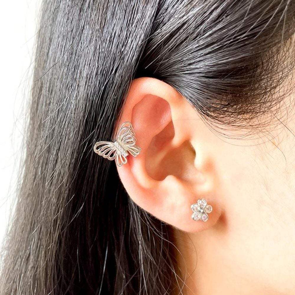 

Silver Butterfly Flower Earrings and Ear Cuff Accessory Set