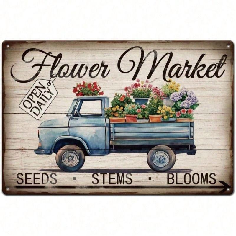 Metal Wall Art Vintage Flower Market Poster Retro Decor for Kitchen Bar Cafe
