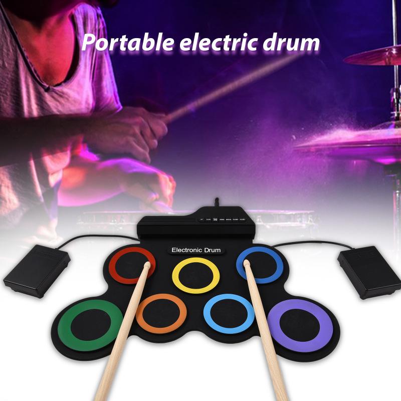 Electric Drum Set Portable Drum Pad Kit 7 Pads with Headphone Jack Pedals Drumsticks Musical Instruments Practice Pad Drum Kit