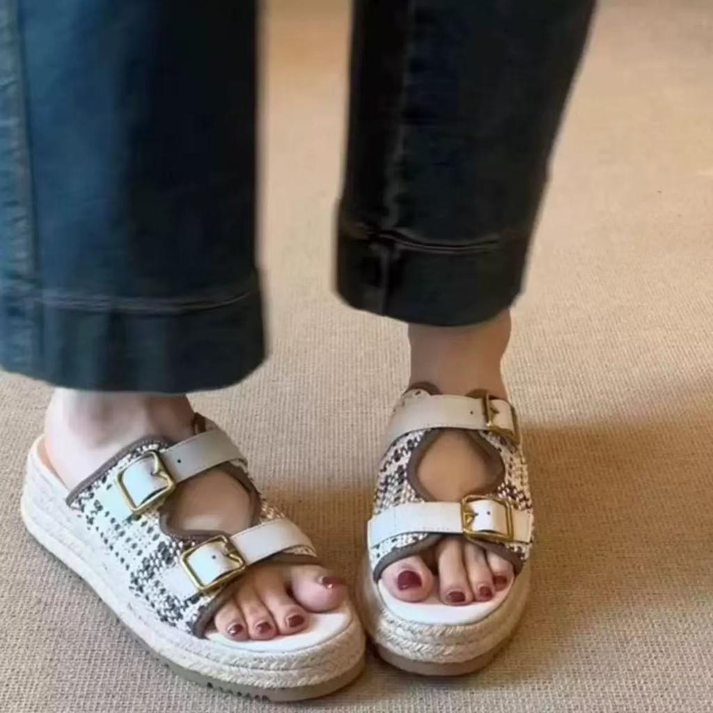 Sheepskin version~ Platform slippers women's summer wear is beautiful with skirts, straw-woven muffin shoes, wedge heels, Birkencool slippers